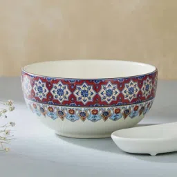 Fabindia Home Falak Red & White Ceramic Soup Bowl With Spoon (280ml) - Set of 2-10