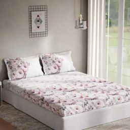 DDecor Floral Pink & White 144 TC Cotton Double Bedsheet with 2 Pillow Covers-37