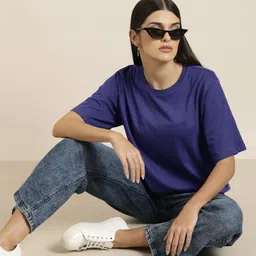 DILLINGER Women Navy Blue Solid Pure Cotton Oversized T-shirt-picture-17