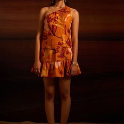dhaaga Linen Printed One Shoulder Neck Top With Skirt Co-Ords-image-18