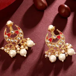 Stefan Gold-Plated Kundan Studded Pearls Beaded Crescent Shaped Drop Earrings-picture-35