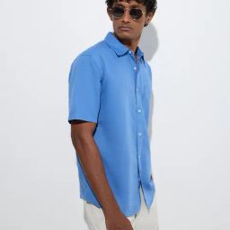 WES Casuals by Westside Blue Relaxed-Fit Linen-Blend Shirt-image-52