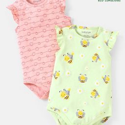 Babyoye Eco Conscious 100% Cotton Eco Jiva Finish Sleeveless Onesies Heart & Bee Print Pack of 2- Green & Pink-image-31