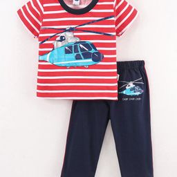 Teddy Cotton Half Sleeves Night Suit Stripes & Helicopter Print - Red & Blue-image-37