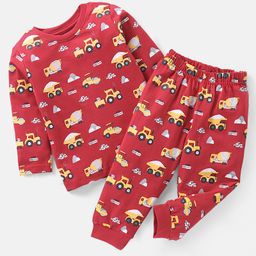 Babyhug Cotton Knit Full Sleeves Vehicles Print Night Suit - Red-image-56