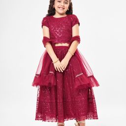 Babyhug Half Sleeves Sequenced Choli & Lehenga  with Dupatta Set - Maroon-image-35