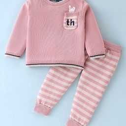 ToffyHouse Cotton Full Sleeves Winter Wear Sweatshirt & Striped Lounge Pant Set - Pale Rose Pink-image-18