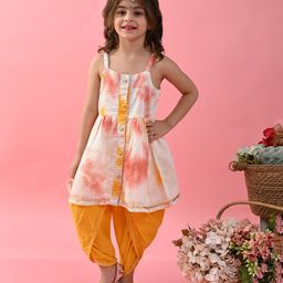 Saka Designs By Sapna Sleeveless  Tie Dye  & Gota Lace Embellished Kurta  & Dhoti - White & Mustard Yellow-image-71