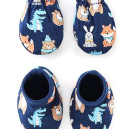 Babyhug 100% Cotton Interlock Knit Mittens And Booties Dino Print - Navy Blue-image-13