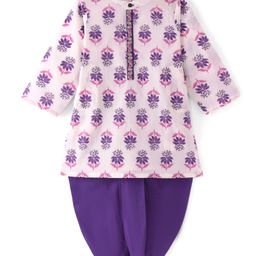 Babyhug Cambric Woven Full Sleeves Kurta Dhoti Set with Floral Print & Embroidery - Purple-image-39