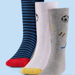 Cute Walk by Babyhug Terry Knit Anti-Bacterial Ankle Length Striped & Football Design Socks Pack of 3 - Blue White & Grey-image-32