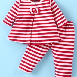 Ben Benny 100% Cotton Interlock Knit Full Sleeves Striped Night Suit with Bow Applique - Red & White-image-64