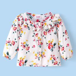 Babyhug Rayon Knit Full Sleeves Top with Floral Print Frill Detailing - White-image-92
