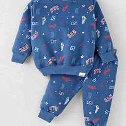 Teddy Fleece Knit Full Sleeves Winter Wear Co-Ord Set With Varsity Print - Navy-15
