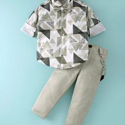 Rikidoos Full Sleeves Triangle Printed Shirt With Pant Suspender & Bow Set - Olive Green-image-25
