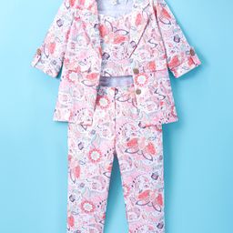 Enfance Full Sleeves Floral Printed Jacket With Coordinating Crop Top & Pant Set - Peach-image-13