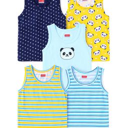Babyhug 100% Cotton Knit Sleeveless Sando with Stripes Panda & Star Print Pack of 5 - Blue Green & Yellow-image-13