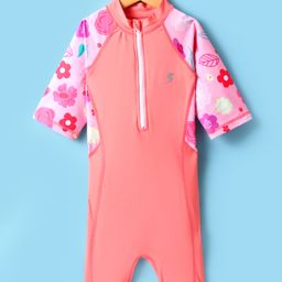 Bosky Swimwear Half Raglan Sleeves Legged Swimsuit With Floral Print - Peach-image-80
