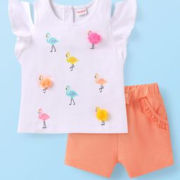 Babyhug Single Jersey Knit Half Cold Shoulder Sleeves Top & Shorts with Birds Applique - White & Peach-image-68