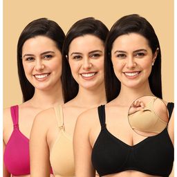 The Mom Store Cotton Elastane Pack Of 3 Sleeveless Solid Nursing & Feeding Non Padded Bra - Black Beige & Fuchsia-picture-10