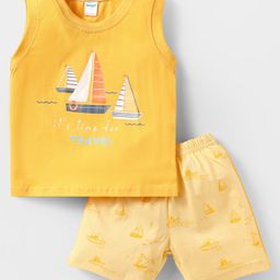 Tango Single Jersey Knit Sleeveless Tank T-Shirt & Shorts Set with Nautical Theme Print - Mustard-image-37