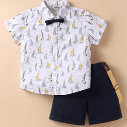 ToffyHouse Poplin Woven Half Sleeves Shirt & Shorts with Suspender & Bow with Boat Print - Navy Blue & White-image-80