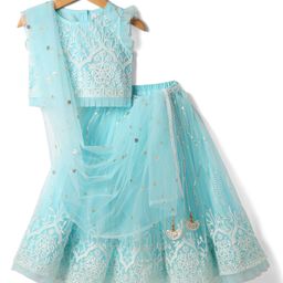 Babyhug Woven Sleeveless Choli Lehenga & Dupatta Set With Floral Embriodery - Light Blue-picture-27