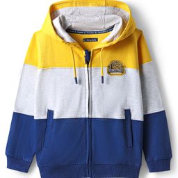 Pine Kids Cotton Knit Full Sleeves Cut & Sew Hooded Sweatjacket with Badge - Yellow Grey & Navy Blue-image-89