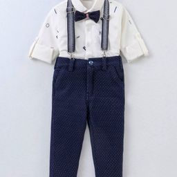 Dapper Dudes Full Sleeves Alphabets Printed Shirt With Pant Suspender & Bow Set - White-image-51