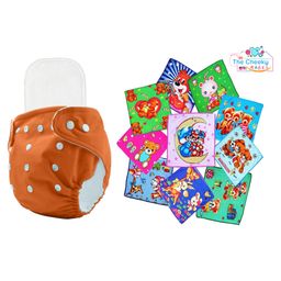 The Cheeky Kidzz Baby 1 Reusable Adjustable Cotton Cloth Diaper With 1 Bamboo Insert Pad Wet-free And 10 Soft Printed Baby Face Hand Towels (ORANGE)-11