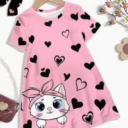 Bolly Lounge Cotton Blend Knit Half Sleeves Hearts & Cat Printed Night Dress - Pink-picture-5