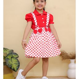 Superminis Cotton Woven Half Puffed Sleeves Solid Shirt Style Top & Polka Dots Printed Pinafore Dress Set - Red-image-41