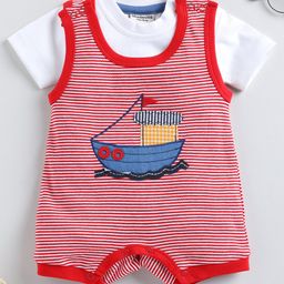 Wonderchild Striped & Boat Embroidered Dungaree With Half Sleeves Tee Set - Red-image-43