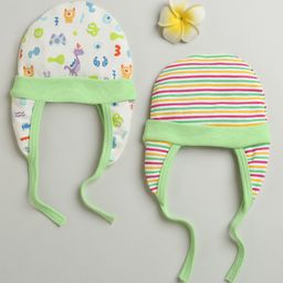 BUMZEE Cotton Knit Ear Flap Cap with Knot Dino & Striped Print Pack of 2 White & Light Green - Diameter 12 cm-picture-12
