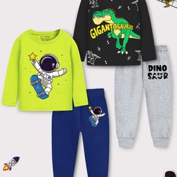 Trampoline Cotton Blend Knit Pack Of 2 Full Sleeves Space Themed & Dinosaur Printed Tee & Joggers Set - Green & Black-picture-32