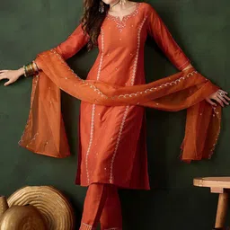 Sangria Floral Embroidered Sequinned Straight Kurta & Trouser With Dupatta-2