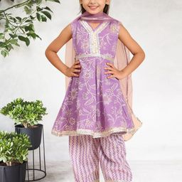 Cutiekins Girls Floral Printed V-Neck Gotta Patti A-Line Kurta With Palazzos & Dupatta-image-92