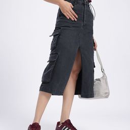 glitchez Edgy Ease Front Slit Cargo Denim Midi Skirt-image-80
