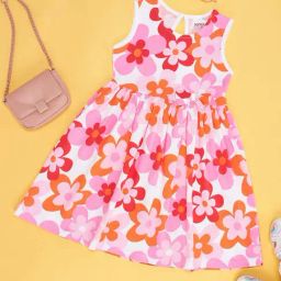 Pantaloons Junior Begonia Pink Cotton Floral Print Dress-image-51