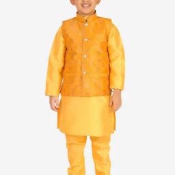 Pro-Ethic Style Developer Kids Yellow Floral Print Full Sleeves Kurta, Waistcoat with Pyjamas-image-69