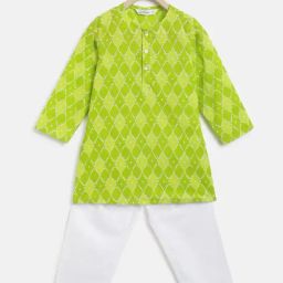 Campana Kids Green & White Printed Full Sleeves Kurta with Pyjamas-picture-13