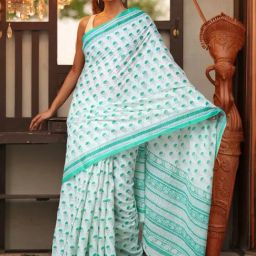 Unnati Silks White & Green Cotton Printed Saree With Unstitched Blouse-image-43