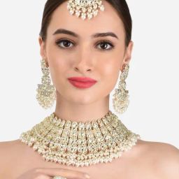 Zaveri Pearls Gold Tone Bridal Kundan Choker Necklace Earring Maangtikka & Ring Set-ZPFK12217-10