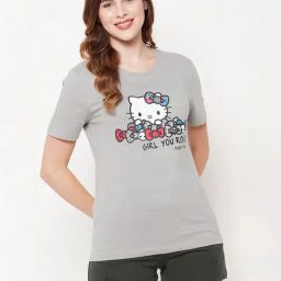 Clovia Grey Graphic Print T-Shirt with Shorts-image-30