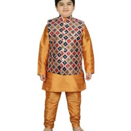SG Yuvraj Kids Cream & Golden Printed Full Sleeves Kurta Set-image-79