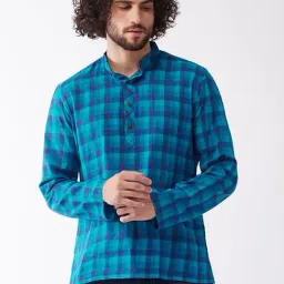 Vastramay Blue Cotton Straight Fit Checks Short Kurtas-picture-7