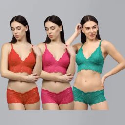 AROUSY Red & Pink Self Pattern Bra Panty Set - Pack Of 3-12