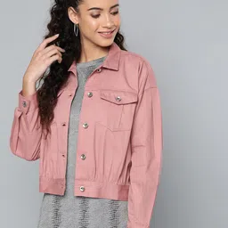 STREET 9 Women Mauve Solid Denim Jacket-image-49