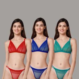 AROUSY Red & Blue Self Pattern Bra Panty Set - Pack Of 3-image-98