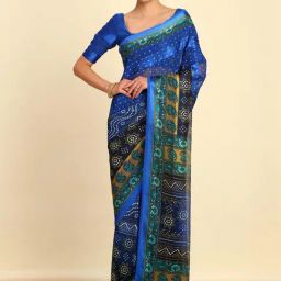 Soch Womens Indigo Bandhani Printed Chiffon Saree-image-4